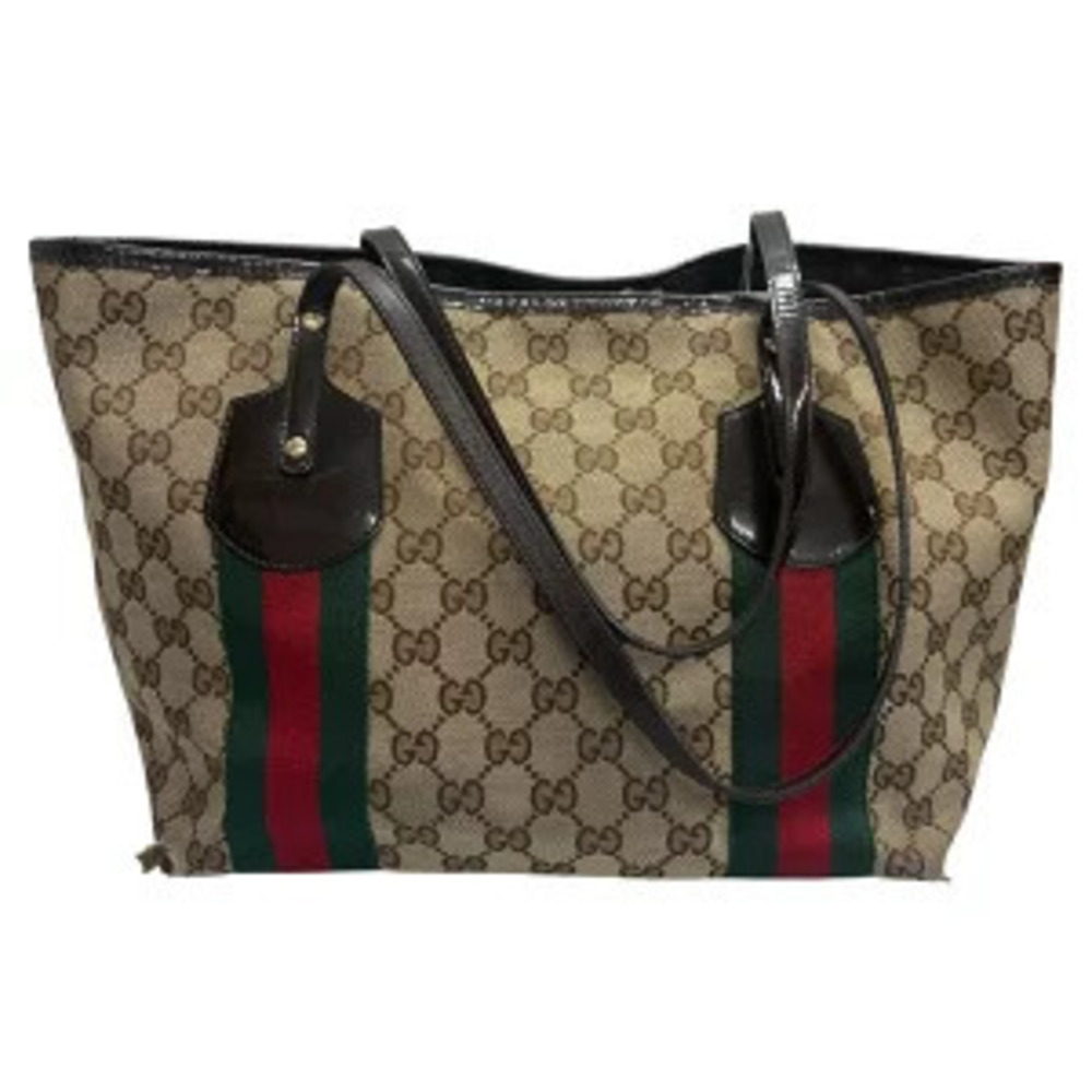 Gucci Sherry Beige Shoulder Canvas Leather GG Tote Bag Tan